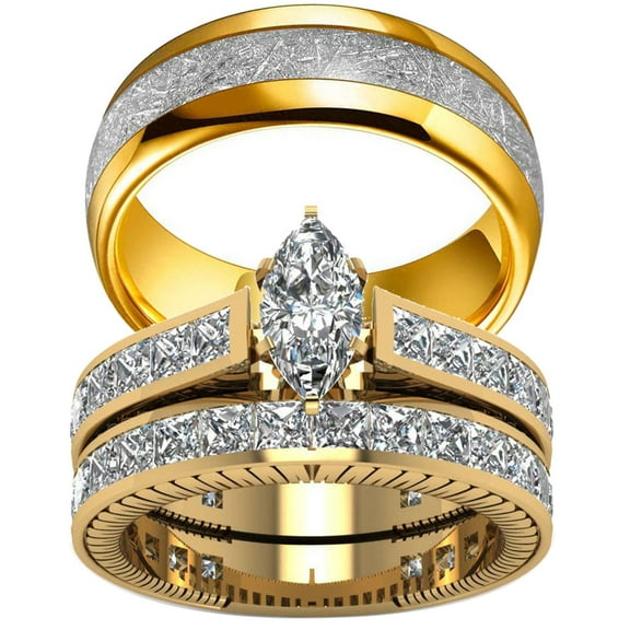 Matching Ring Couple Rings Yellow Gold Plated 2CT CZ Wedding Ring Sets Titanium Male Ring
