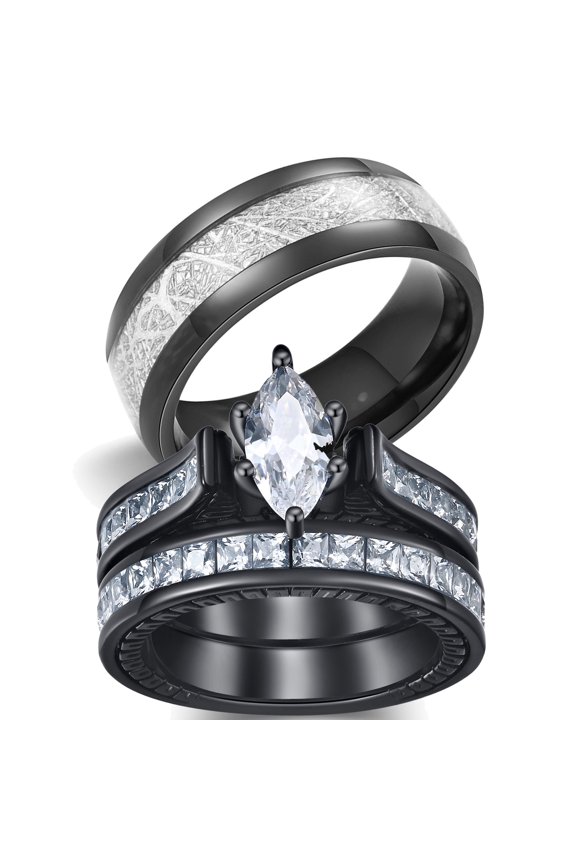 Matching Ring Couple Rings Black Gold Plated 1.5CT CZ Wedding Ring Sets Titanium Male Ring