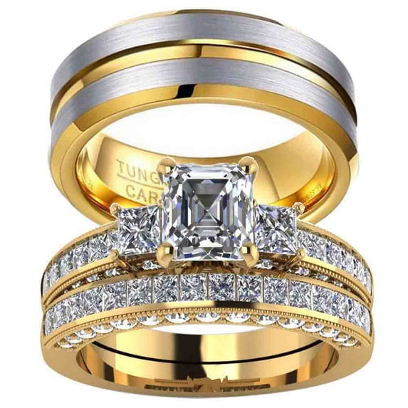 Matching Ring Couple Rings Yellow Gold Plated 2CT CZ Women Wedding Ring Sets Female Ring