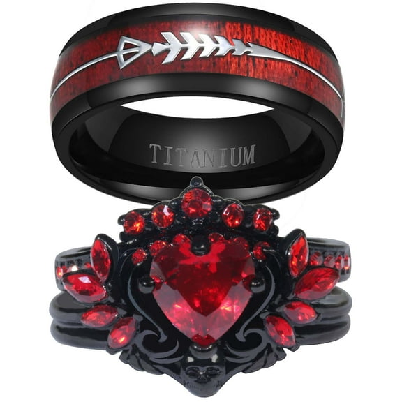 Matching Rings Black Gold Plated Couple Rings Wings 1CT Heart Red CZ Wedding Ring Sets