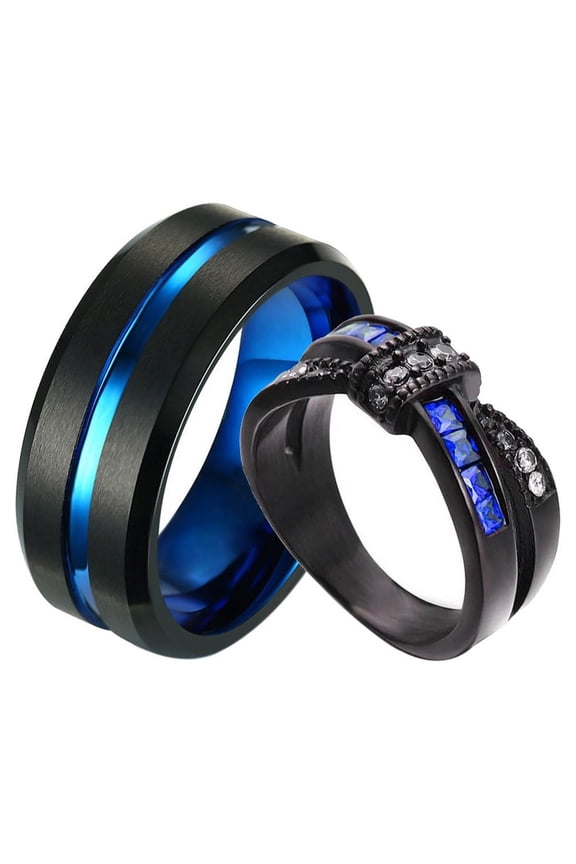 Matching Rings Couple Ring Black Gold Plated 1CT Blue CZ Women Wedding Ring Set Male Ring