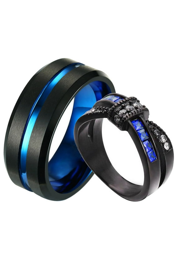 Matching Rings Couple Ring Black Gold Plated 1CT Blue CZ Women Wedding Ring Set Male Ring