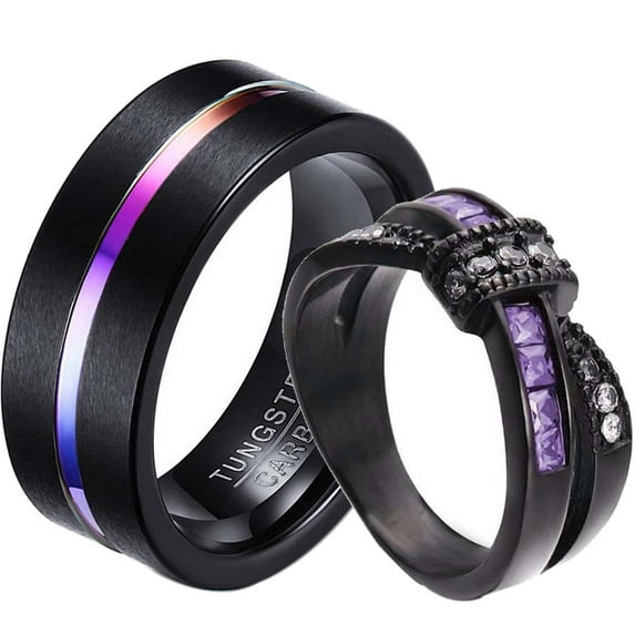 Matching Rings Couple Ring Black Gold Plated 1CT Purple CZ Women Wedding Ring Set