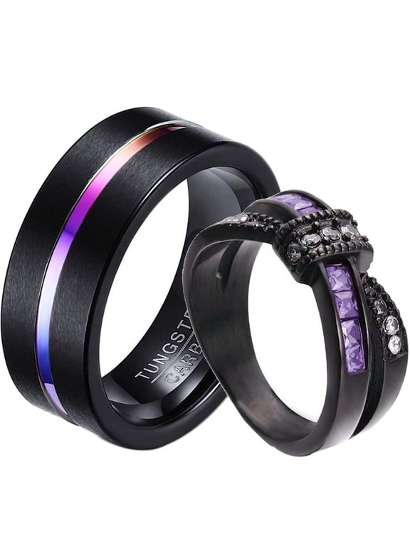 Matching Rings Couple Ring Black Gold Plated 1CT Purple CZ Women Wedding Ring Set