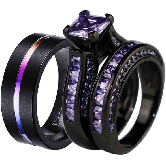 Matching Rings Couple Ring Black Gold Plated Princess cut 1CT CZ Women Wedding Ring Sets
