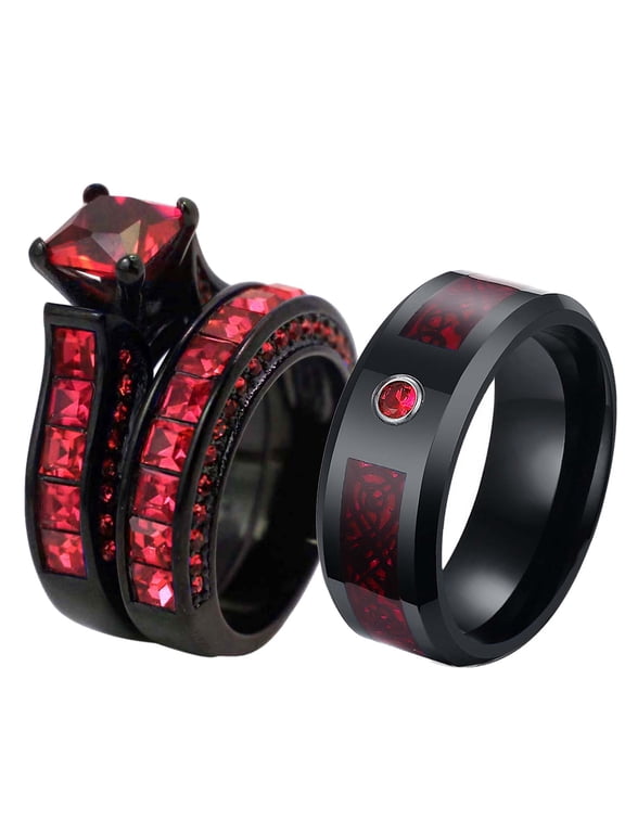 Matching Rings Couple Ring Black Gold Plated Princess cut 1CT Red CZ Women Wedding Ring Sets