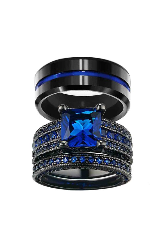 Matching Rings Couple Rings 1.5 CT Blue CZ Women Wedding Ring Sets Male Titanium Ring