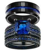 RINGHEART Matching Rings Couple Rings 1.5 CT Blue CZ Women Wedding Ring Sets Male Titanium Ring