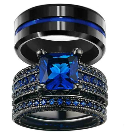 Matching Rings Couple Rings 1.5 CT Blue CZ Women Wedding Ring Sets Male Titanium Ring