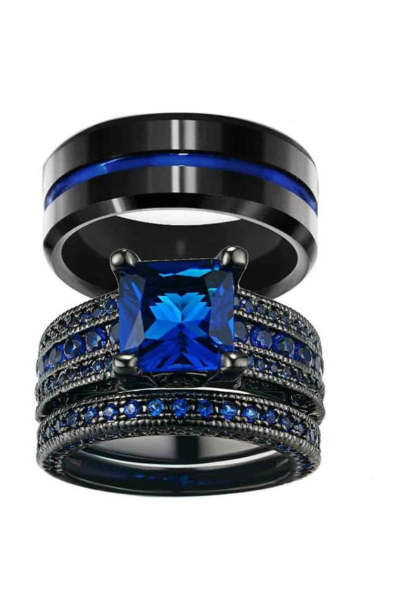 Matching Rings Couple Rings 1.5 CT Blue CZ Women Wedding Ring Sets Male Titanium Ring