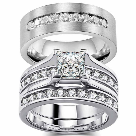 Matching Rings Couple Rings 1CT CZ 10kt White Gold Plated Women Wedding Ring Sets