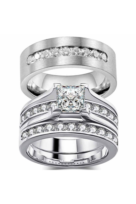 Matching Rings Couple Rings 1CT CZ 10kt White Gold Plated Women Wedding Ring Sets