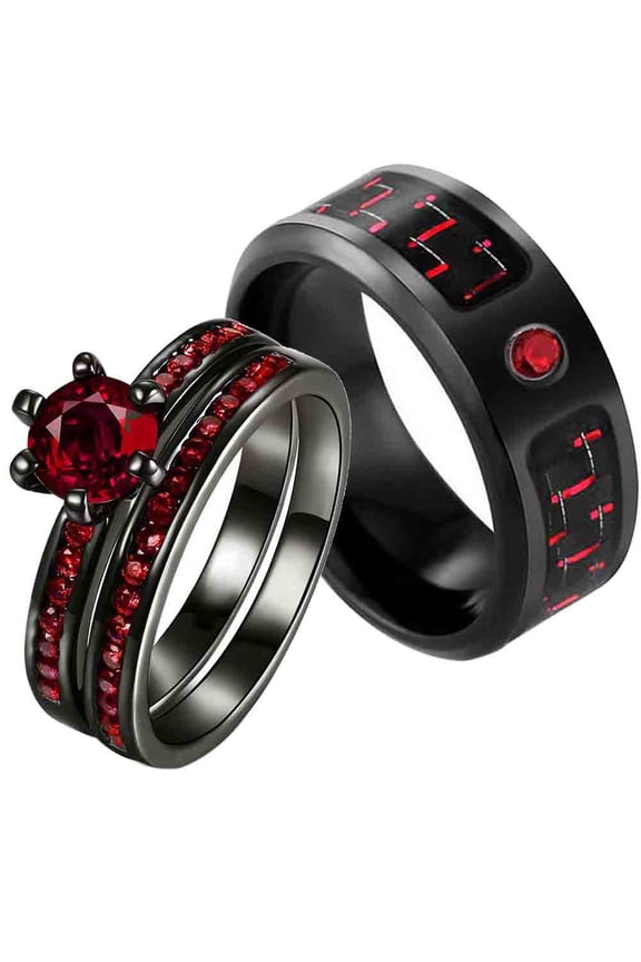 Matching Rings Couple Rings 1CT Red Cz Wedding Ring Sets Black Gold Female Ring