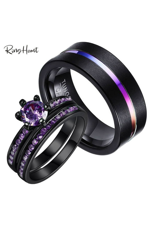 Matching Rings Couple Rings Black Gold Plated 1CT Purple Cz Women Wedding Ring Sets