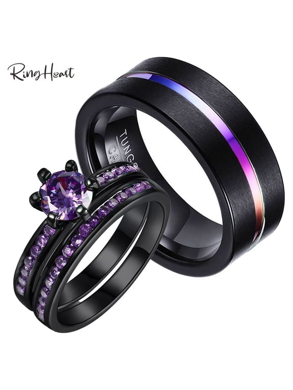 Matching Rings Couple Rings Black Gold Plated 1CT Purple Cz Women Wedding Ring Sets