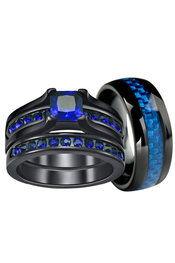Matching Rings Couple Rings Blue 1CT CZ 10kt Black Gold Plated Women Wedding Ring Sets