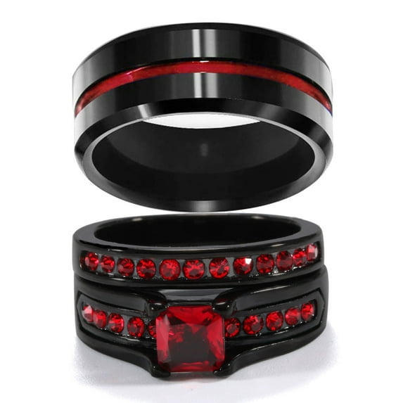 Matching Rings Couple Rings Red 1CT CZ 10kt Black Gold Plated Women Wedding Ring Sets