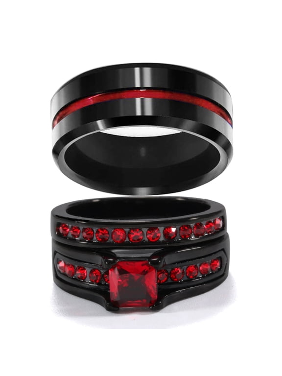 Matching Rings Couple Rings Red 1CT CZ 10kt Black Gold Plated Women Wedding Ring Sets