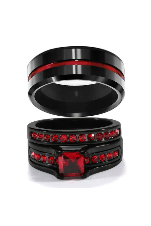 Matching Rings Couple Rings Red 1CT CZ 10kt Black Gold Plated Women Wedding Ring Sets