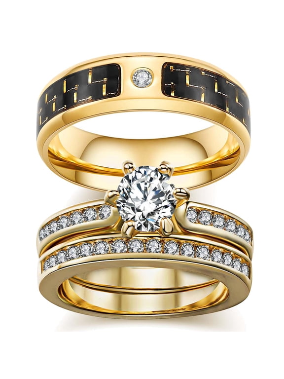Matching Rings Couple Rings Yellow Gold Plated 1CT AAA Cz Women Wedding Ring Sets