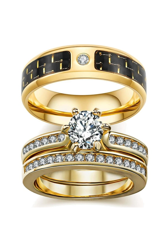 Matching Rings Couple Rings Yellow Gold Plated 1CT AAA Cz Women Wedding Ring Sets