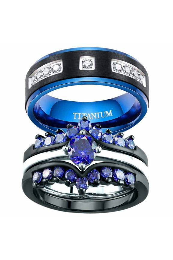 Matching Rings His and Her Rings Couple Rings 1ct Blue CZ Wedding Ring Sets Wedding Band