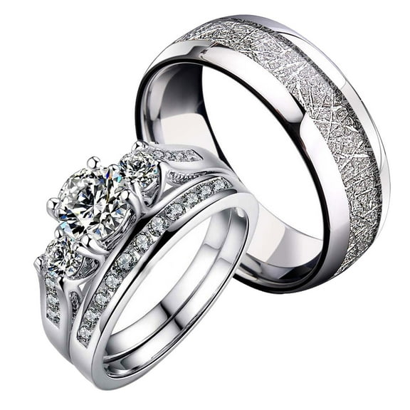 Matching Rings His and Her Rings Couple Rings CZ Wedding Ring Sets White Gold Plated Ring