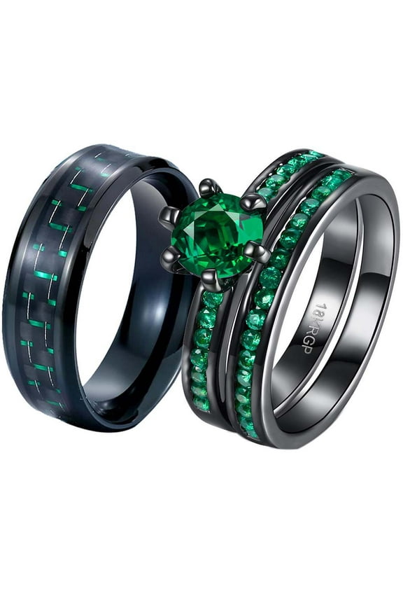 Matching Rings His and Her Rings Couple Rings Green CZ Wedding Ring Sets for Him and Her Men and Women Ring