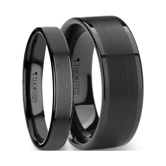 Matching Rings Set Flat Black Tungsten Ring With Brushed Center Polished Edges
