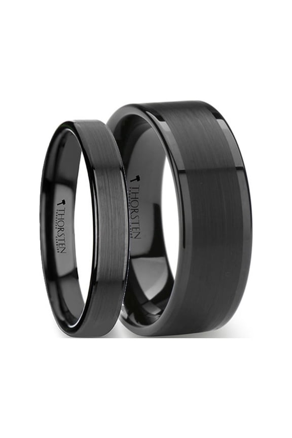 Matching Rings Set Flat Black Tungsten Ring With Brushed Center Polished Edges