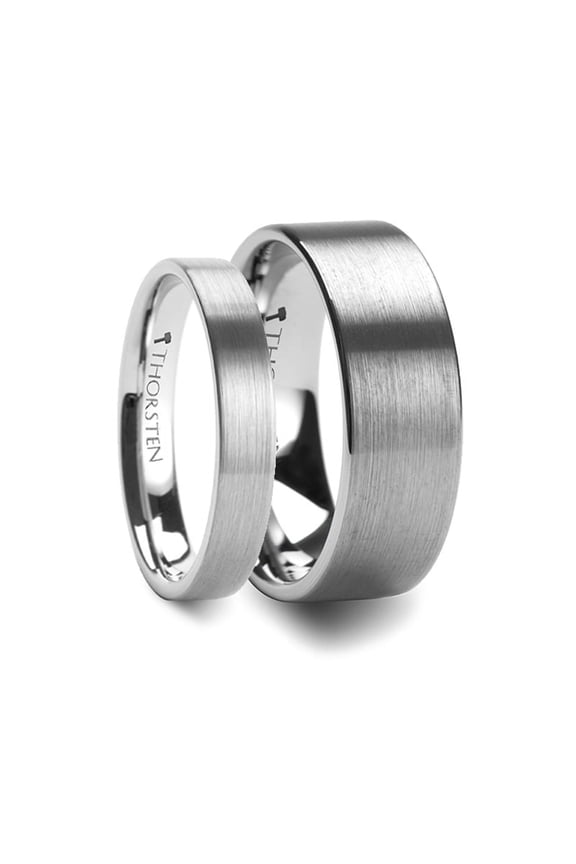 Matching Rings Set Flat Brush Finish Tungsten Wedding Ring
