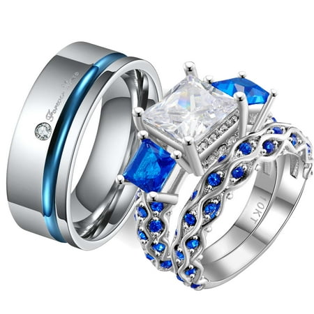 Matching Rings White Gold Plated Couple Rings 1CT CZ Wedding Ring Sets for Him and Her