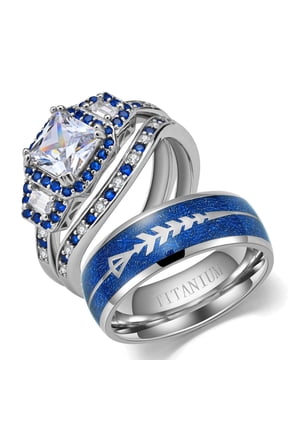 Matching Rings White Gold Plated Couple Rings Blue CZ Wedding Ring Sets for Him and Her
