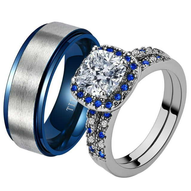 Matching Rings White Gold Plated Couple Rings Blue CZ Wedding Ring Sets ...