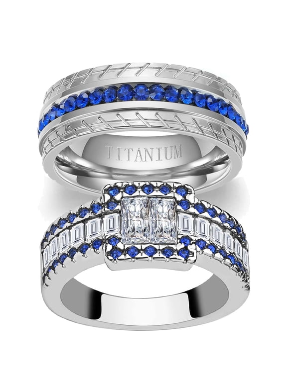Matching Rings Blue CZ Engagement & Wedding Ring Sets, 10kt, White Gold Plated