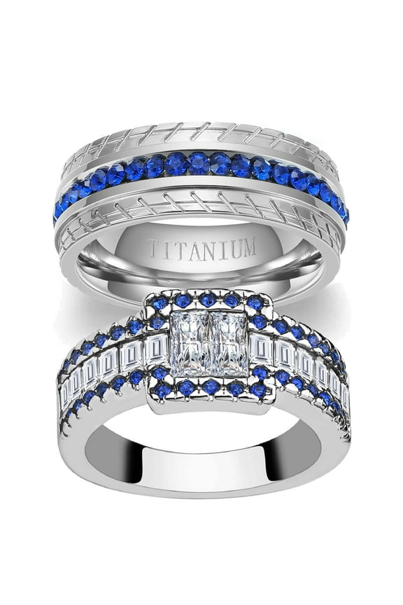 Matching Rings Blue CZ Engagement & Wedding Ring Sets, 10kt, White Gold Plated