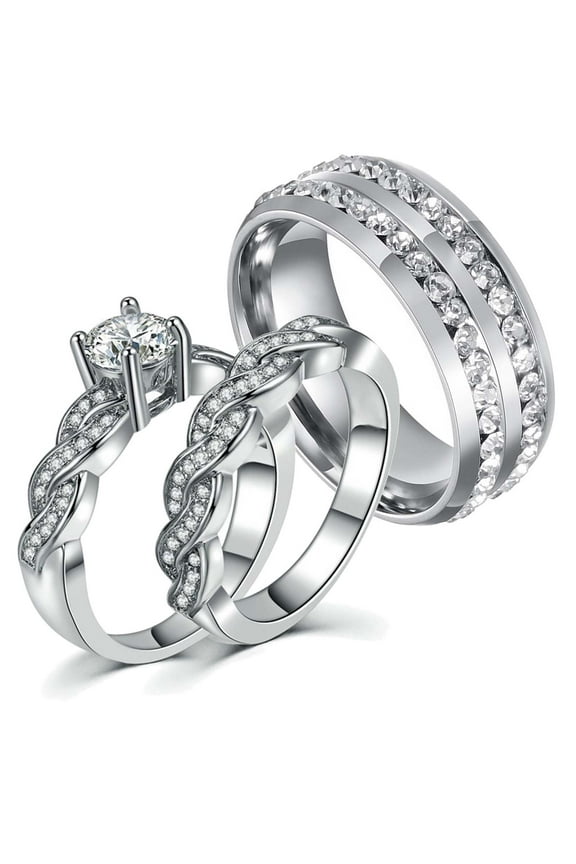 Matching Rings White Gold Plated Couple Rings CZ Wedding Ring Sets for Him and Her