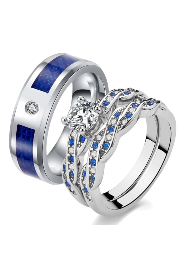 Matching Rings White Gold Plated Couple Rings CZ Wedding Ring Sets for Him and Her