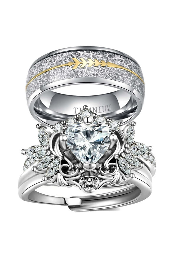 Matching Rings White Gold Plated Couple Rings Wings 1CT Heart Red CZ Wedding Ring Sets