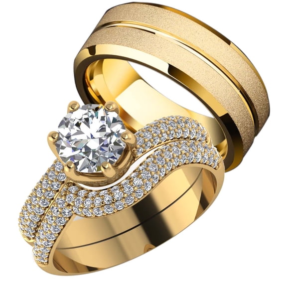 Matching Rings Yellow Gold Plated Couple Rings 1CT CZ Wedding Ring Sets for Him and Her Ring