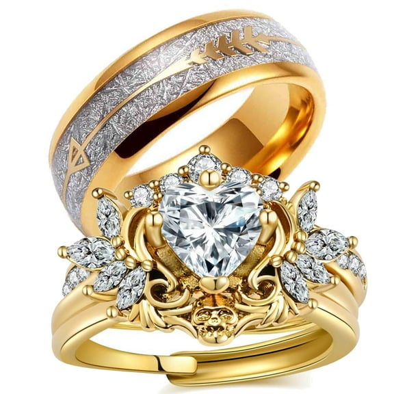 Matching Rings Yellow Gold Plated Couple Rings Wings 1CT Heart Red CZ Wedding Ring Sets