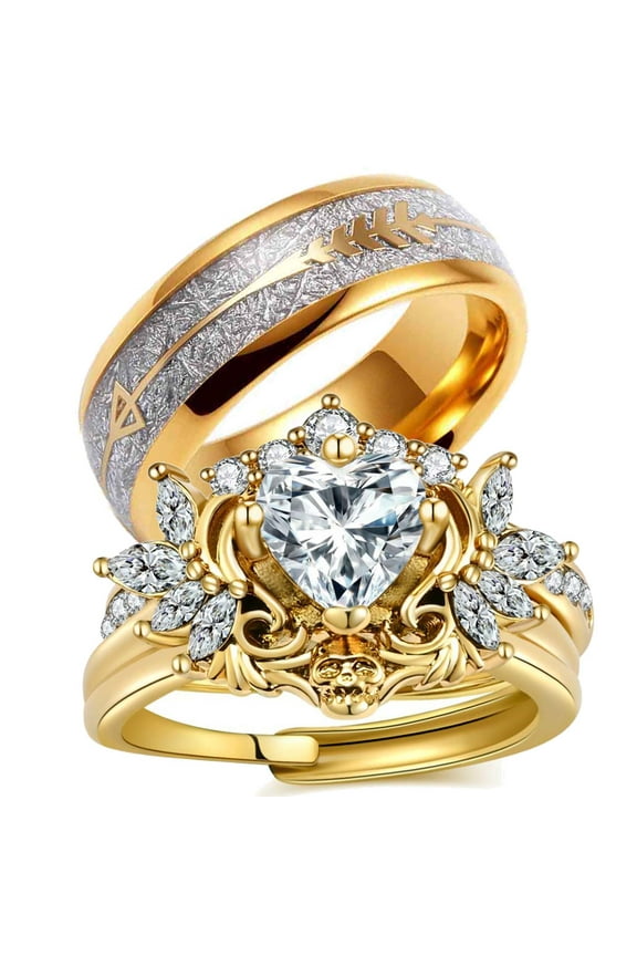 Matching Rings Yellow Gold Plated Couple Rings Wings 1CT Heart Red CZ Wedding Ring Sets
