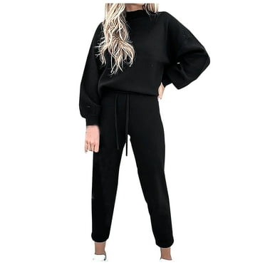 Matching Set 2024 Trendy Women's 2 Piece Sweatsuit Outfits Lantern Sleeve Pullover Tops and High Waist Jogger Pants Loungewear Sets 2 Piece Jogging Outfits Set S-84 Black 3XL