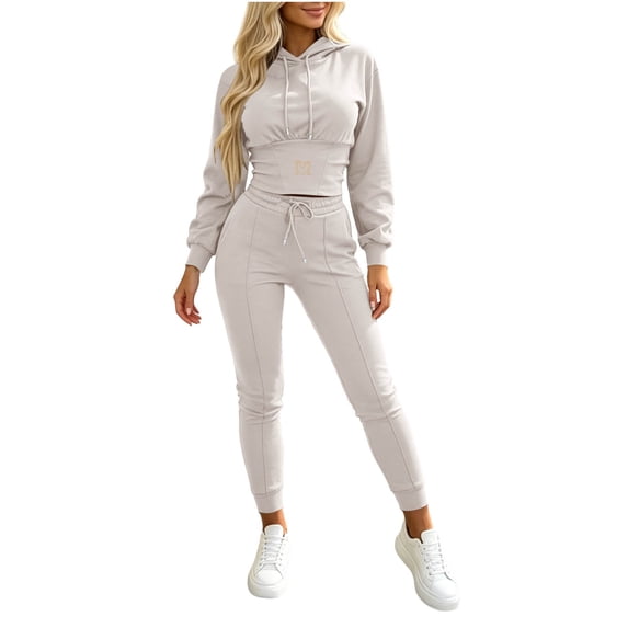 Matching Set for Women Slim Long Sleeve Hoodie Skinny Leggings Fall Tracksuits for Workout Travel Hiking Beige XXS