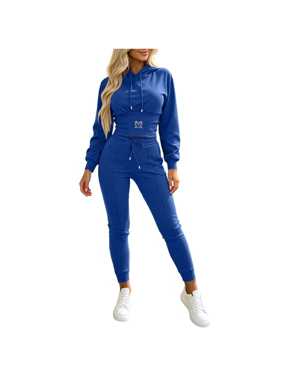 Matching Set for Women Slim Long Sleeve Hoodie Skinny Leggings Fall Tracksuits for Workout Travel Hiking Blue XS