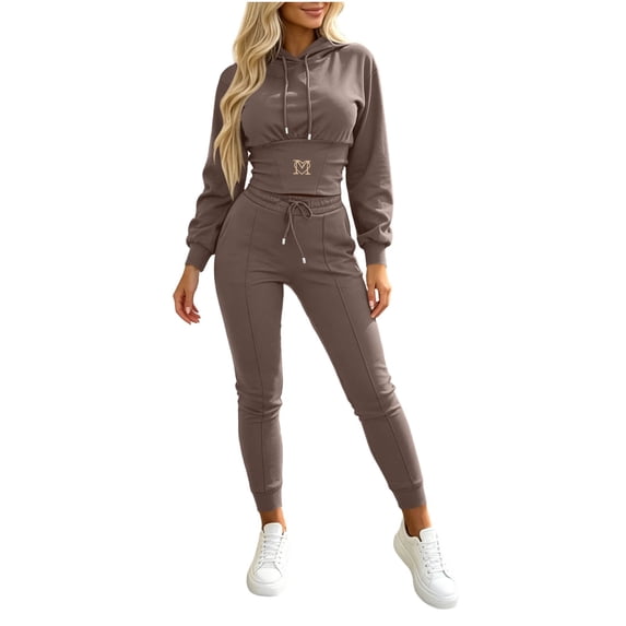 Matching Set for Women Slim Long Sleeve Hoodie Skinny Leggings Fall Tracksuits for Workout Travel Hiking Brown M