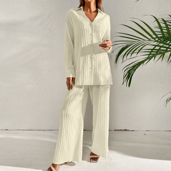 Matching Sets For Women Clothing Solid Color Lapel Loose Cardigan Casual Long Sleeved Khaki Spring/Summer Matching Outfits 2026 S-XL