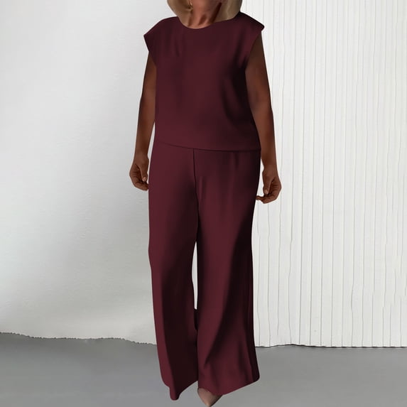 Matching Sets For Women Clothing Solid Color Sleeveless Loose Casual Round-Neck Blouse Shorts Spring/Summer Matching Outfits 2026 — Wine∣2XL