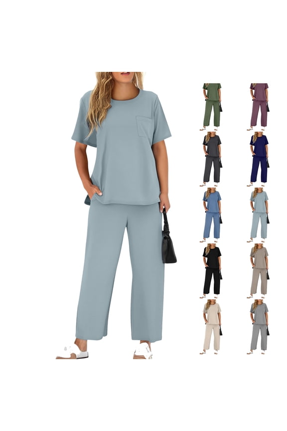 Matching Sets For Women Clothing Solid Sets Vacation Travel Outfits V Neck Spring/Summer Matching Outfits 2026 — Light Blue∣2XL
