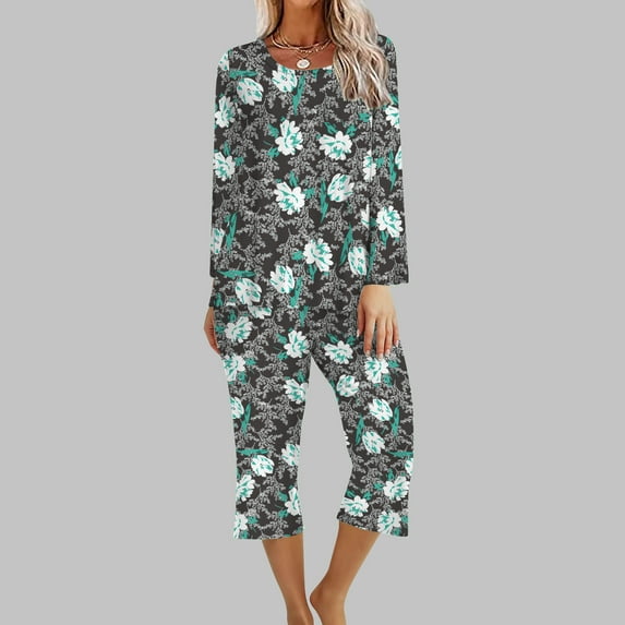 Matching Sets For Women Summer 2PC Round Neck Long Sleeve Two-piece Comfortable Home Pajamas Set Sports Set Up to 65% off